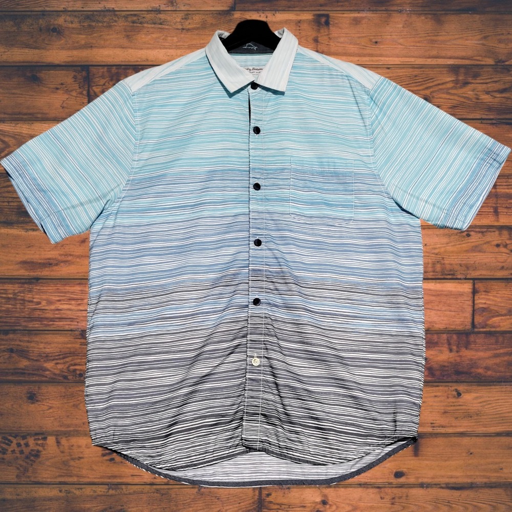 Tommy Bahama Coconut Point Shirt Men's Large Blue Striped Island Zone Coolmax